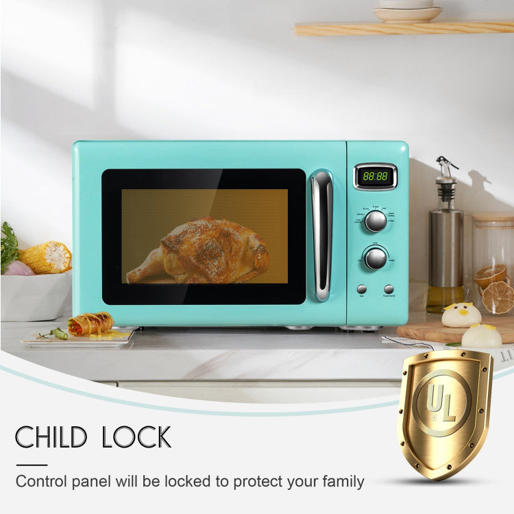 Turquoise microwave oven with child lock feature on a kitchen counter.
