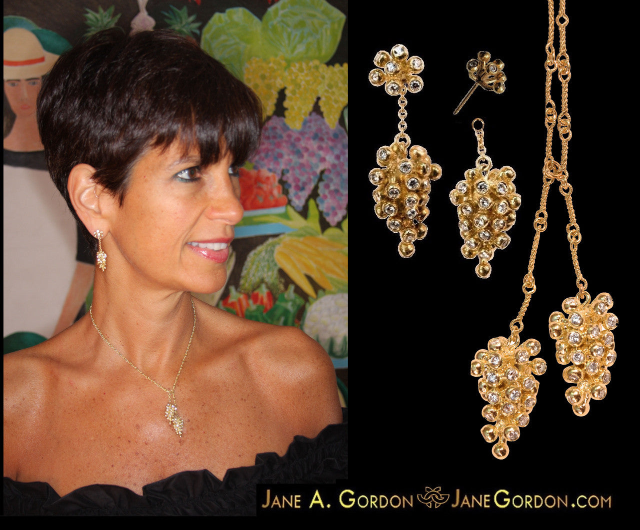Grapes Necklace, 14K Gold with Diamonds: Lariat Style on Handmade Chain-21