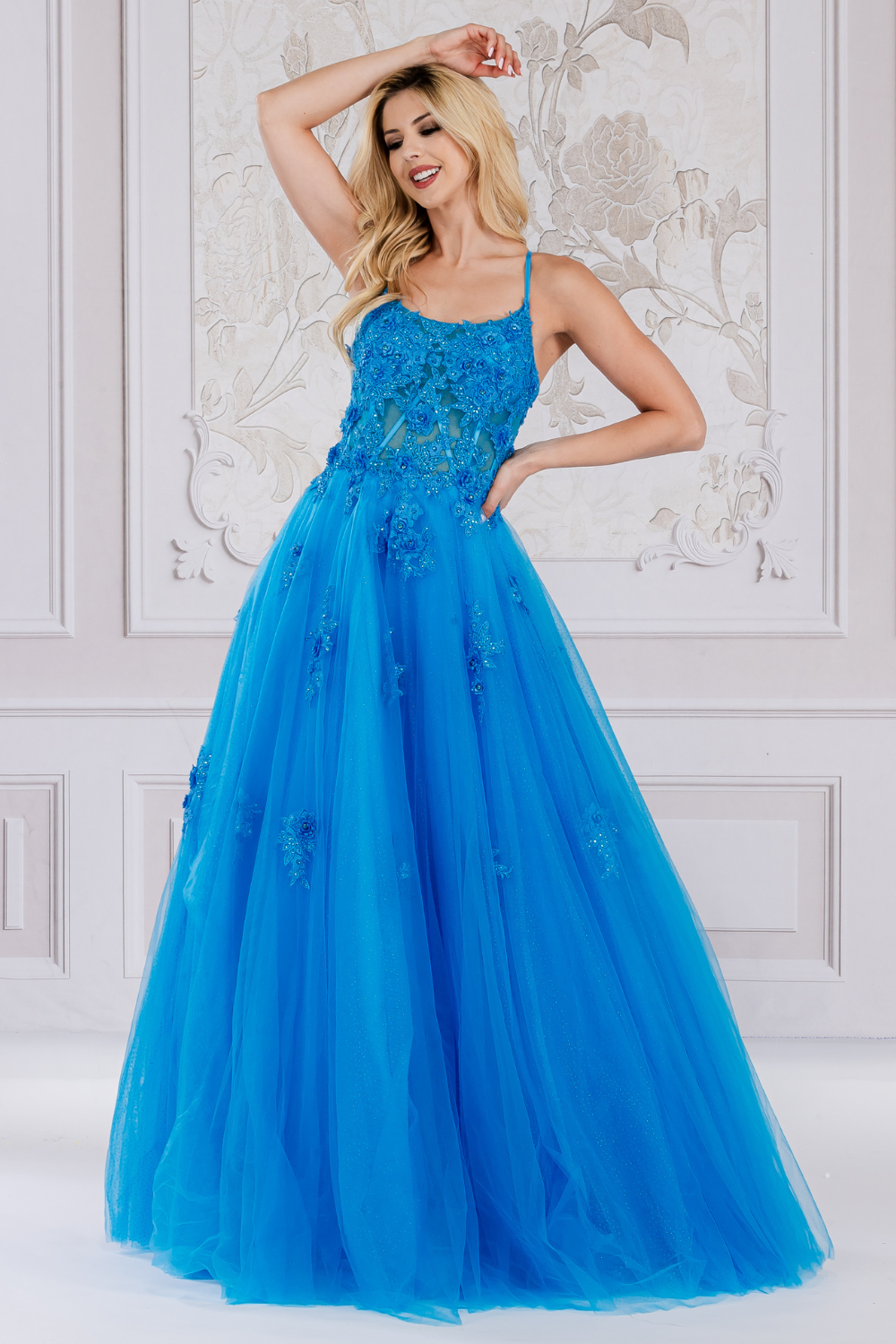 Charming Floral Lace Embellished Long A-line Prom Dress w/ Boat Neckline & Layered Skirt AC7035