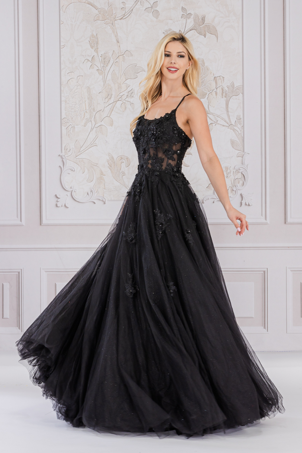 Charming Floral Lace Embellished Long A-line Prom Dress w/ Boat Neckline & Layered Skirt AC7035