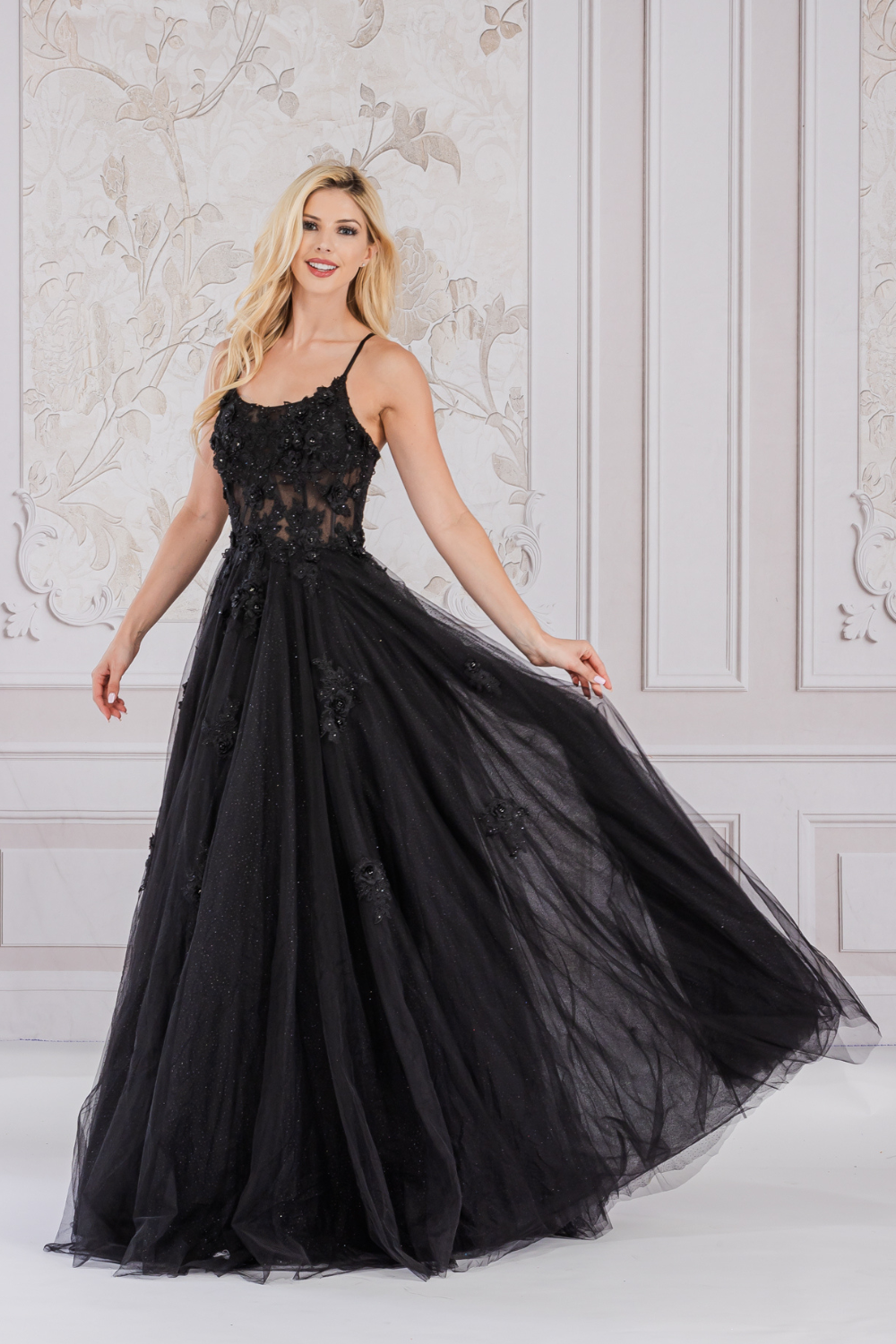 Charming Floral Lace Embellished Long A-line Prom Dress w/ Boat Neckline & Layered Skirt AC7035