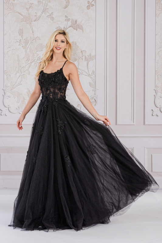 Charming Floral Lace Embellished Long A-line Prom Dress w/ Boat Neckline & Layered Skirt AC7035