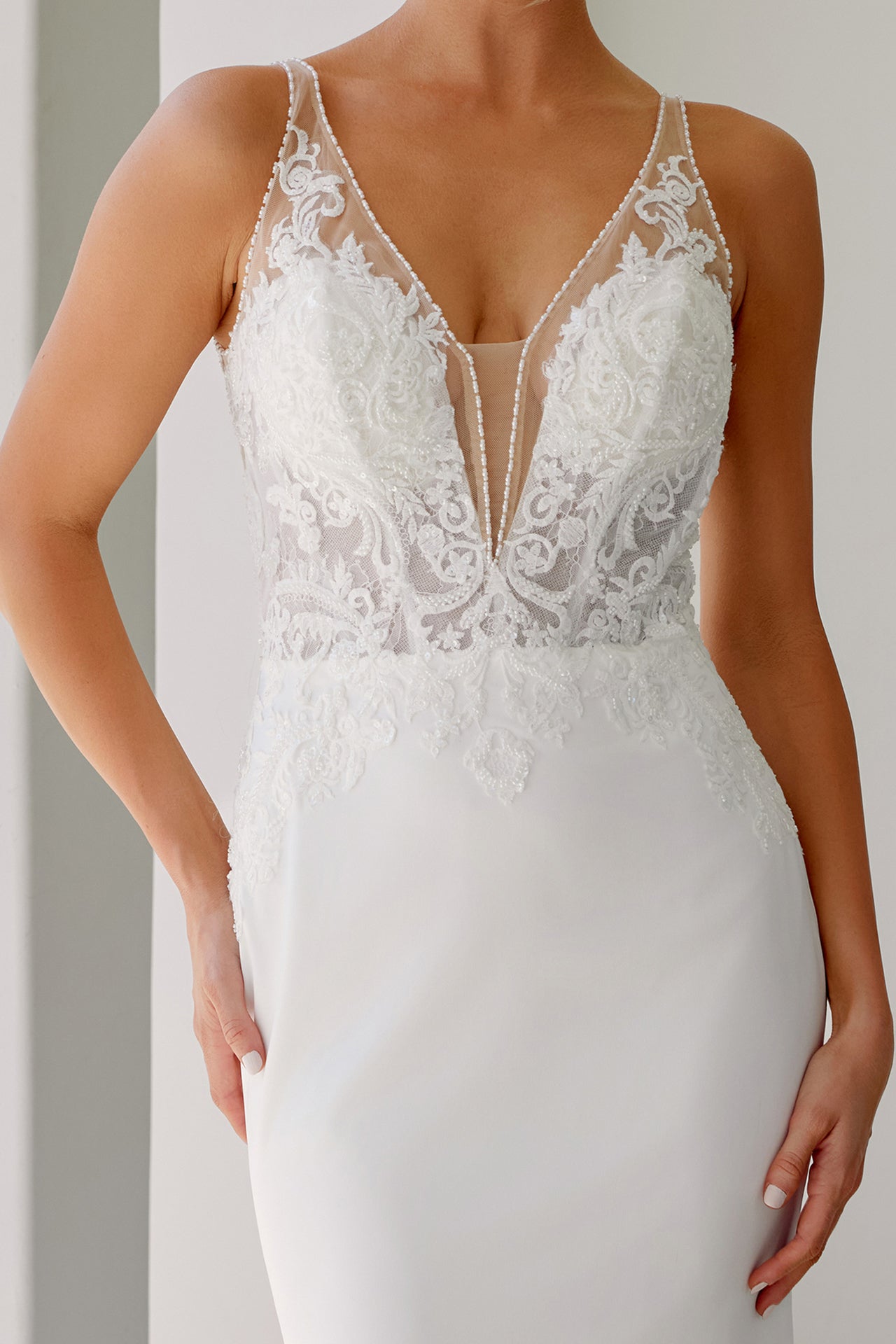 Alluring Sophisticated Sheath Wedding Attire w/ Illusion Plunging Neckline NXJE1022L-3