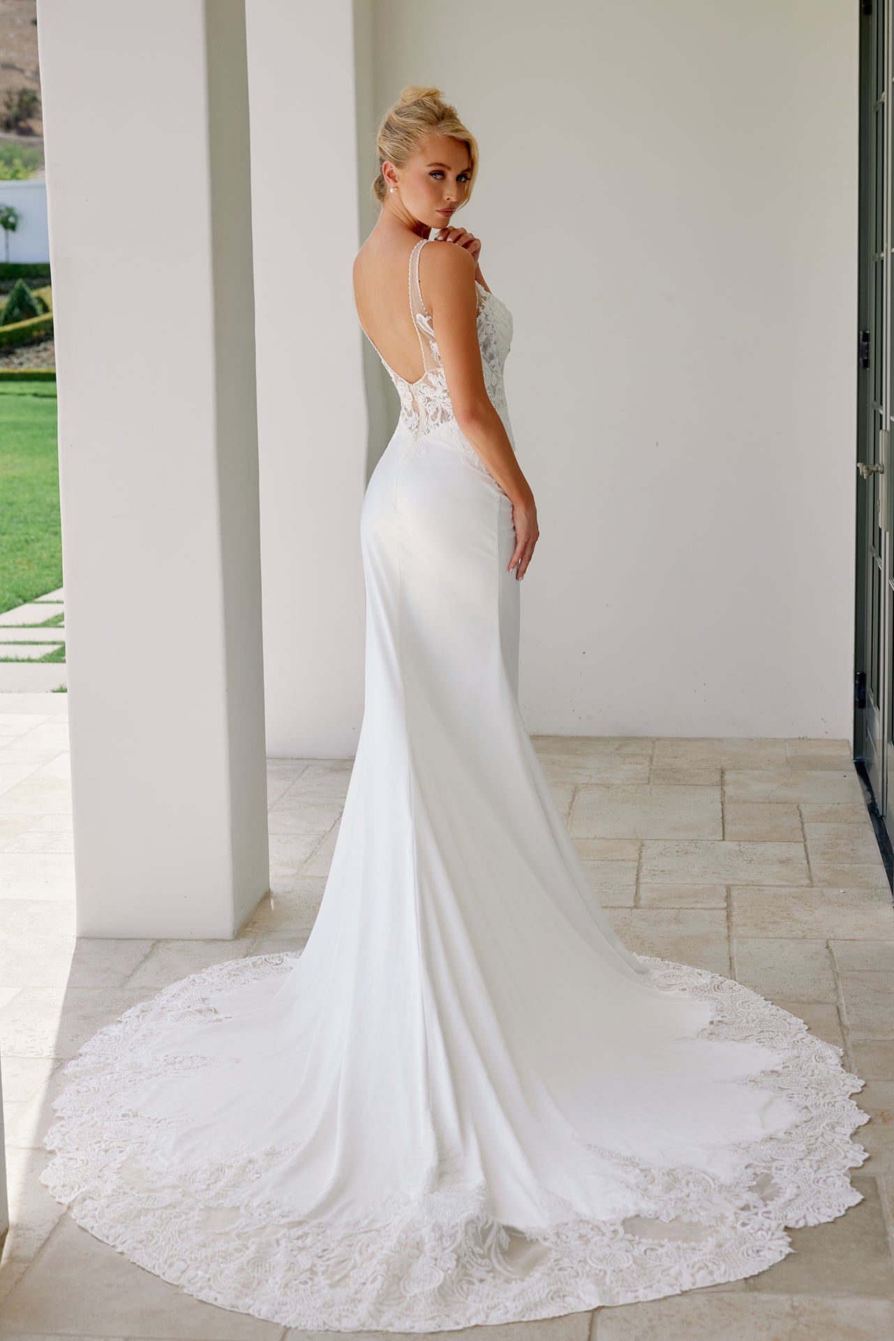 Alluring Sophisticated Sheath Wedding Attire w/ Illusion Plunging Neckline NXJE1022L-2