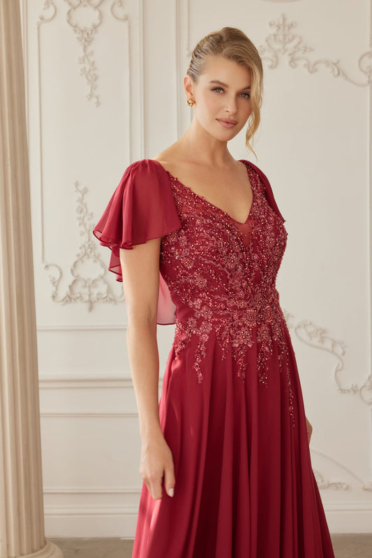 Elegant A-Line Mother Of Bride Gown w/ Butterfly Sleeves & Floral Motif NXMJ132