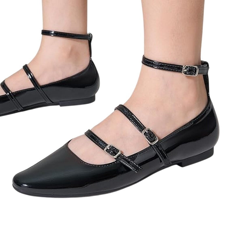 Trary Womens Size 6.5 Black Flats Closed Square Toe Ankle Buckle Straps Shoes