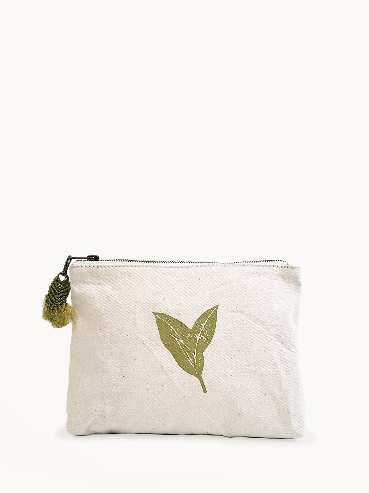 White pouch with green leaf design and tassel on a white background. Hand Screen Printed Cotton Canvas Pouch - Nature