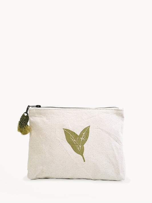 White pouch with green leaf design and tassel on a white background. Hand Screen Printed Cotton Canvas Pouch - Nature