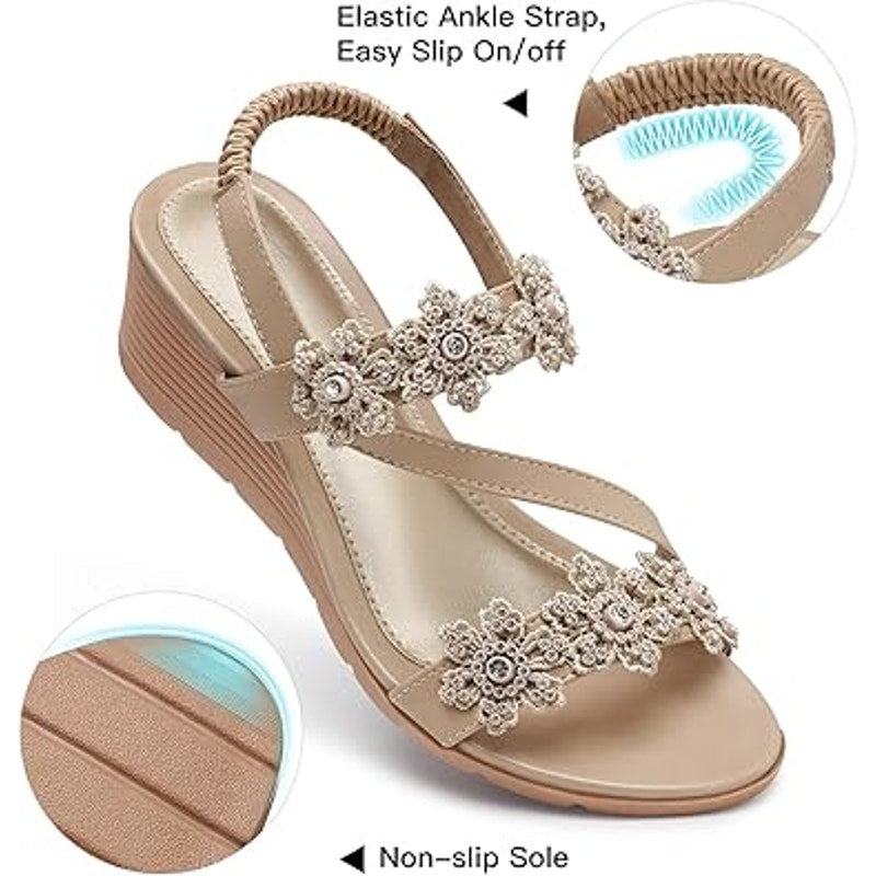 Shibever Womens Size 12 Gold Flower 2" Wedge Heel Ankle Strap Beaded Sandals