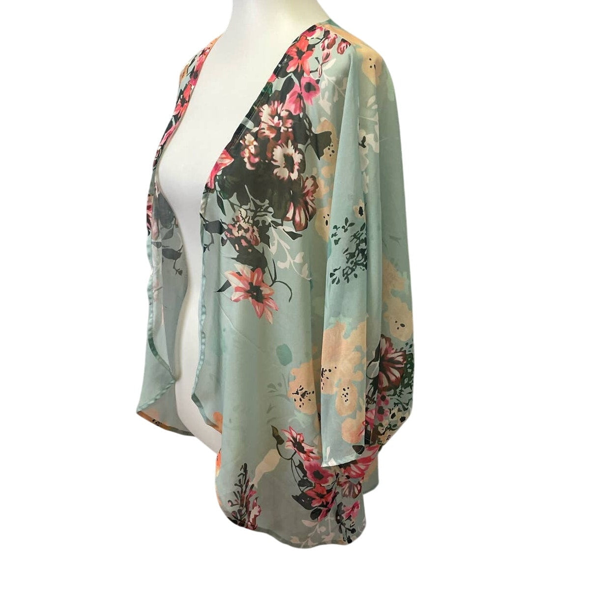 Pastel Floral Bouquet XL Sheer Polyester Long Sleeve Open Coverup Blouse Top