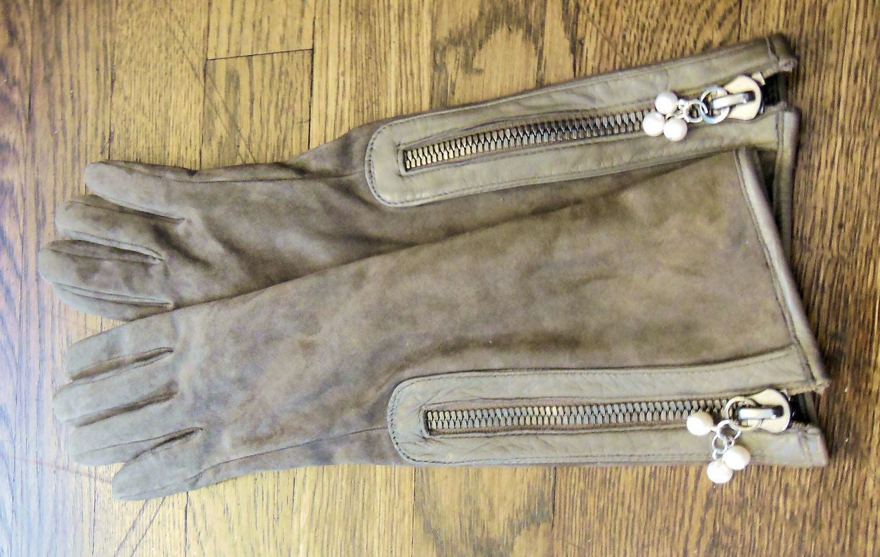 Taupe Suede Gloves with Genuine Pearl Cluster as Zipper Pull-2
