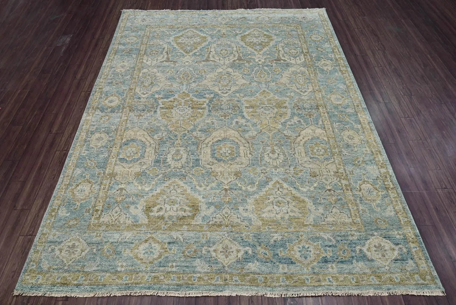 Multi Size Aqua Hand Knotted Traditional Oushak Wool Oriental Area Rug-4