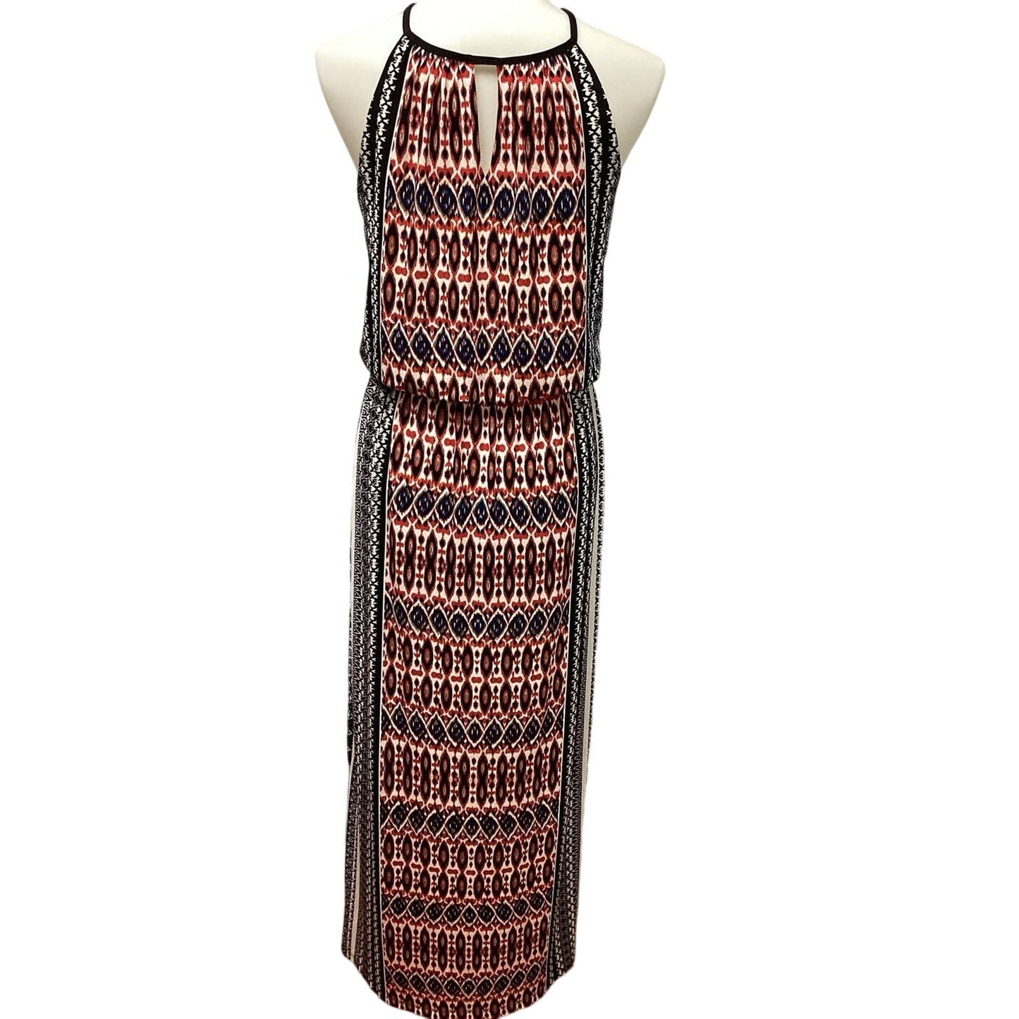 London Times Size 6 Geometric Stripe Sleeveless Front Tie Polyester Maxi Dress