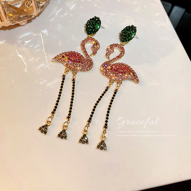 Crystal Pink Flamingo Earrings Tassel Rhinestone Dangle Earrings for Women Long Birds Statement Jewelry Gift Party
