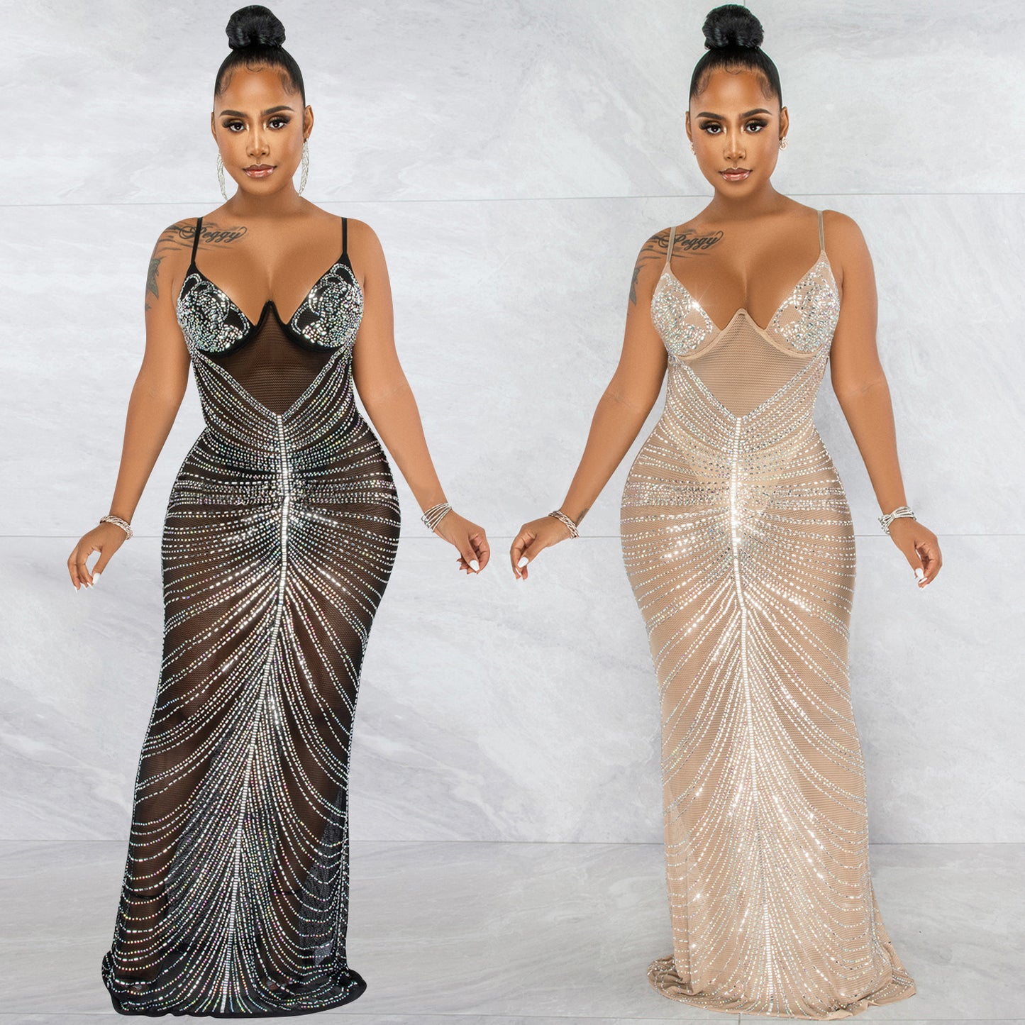 Fashion Sexy Beaded Strapless Sheer Mesh Long Dress