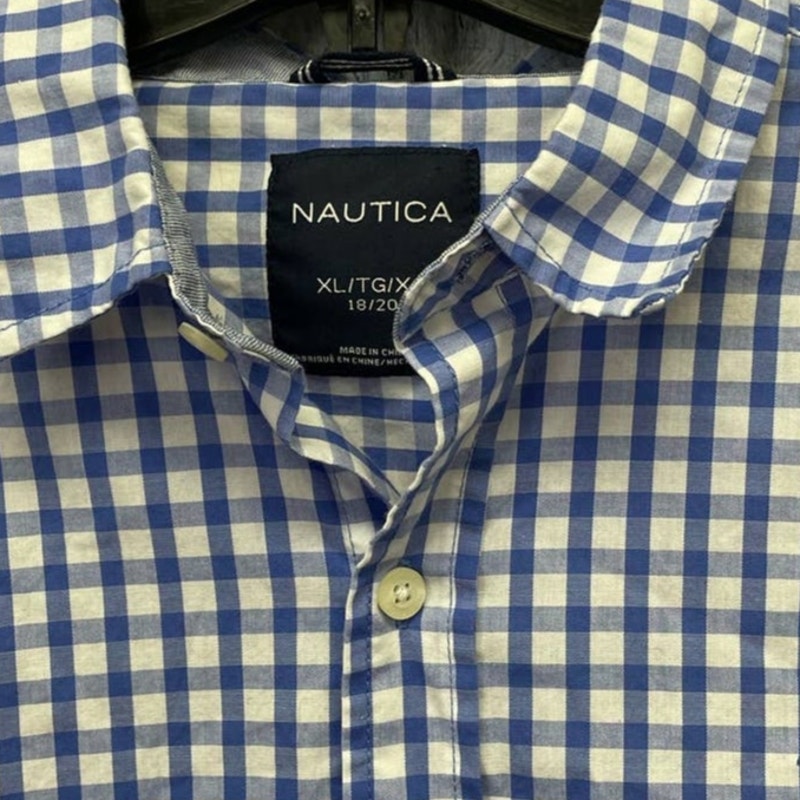 Nautica Boys XL (18/20) Short Sleeve White Blue Plaid Button Up Casual Shirt