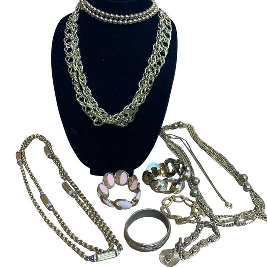 10 Piece Vintage Gold Toned Chain Link Beaded Necklace Bracelet Jewelry Lot