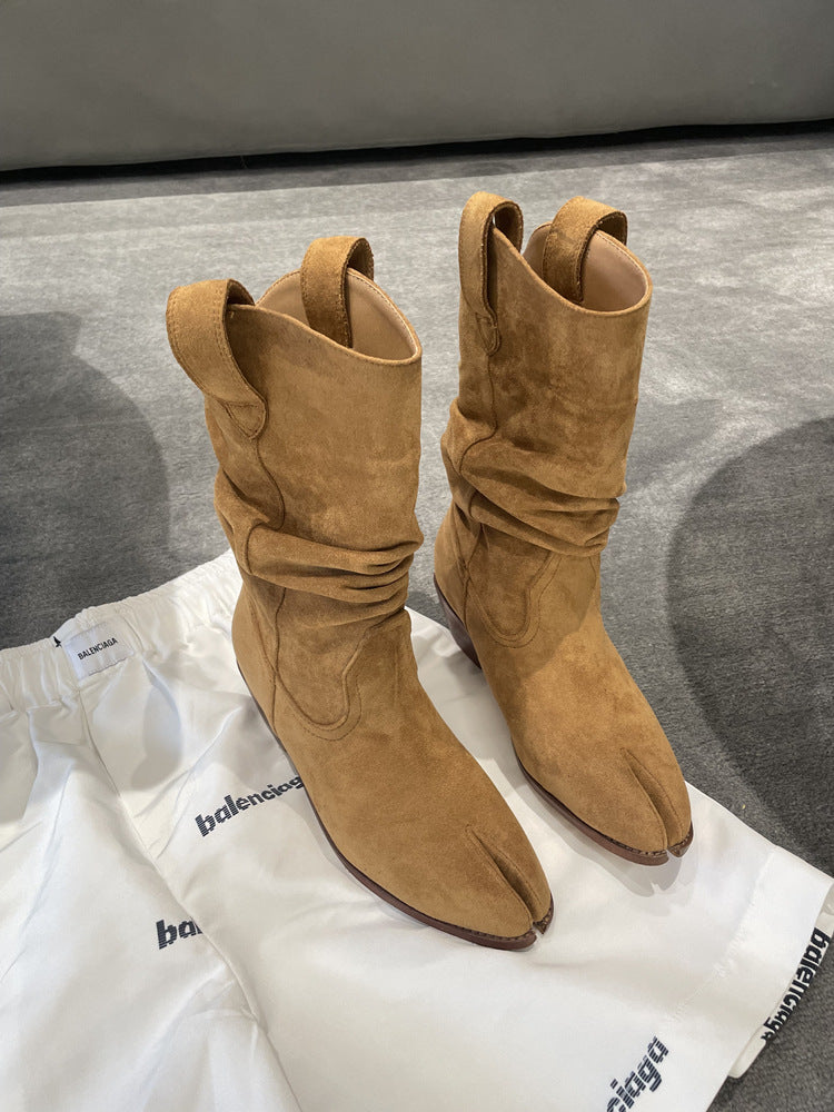 Fashion Tabi Split Toe Ankle Boots Solid Pleated Chunky Heel Boots Banquet Runway Shoe for Women 2023 Autumn Newest Novelty Sexy