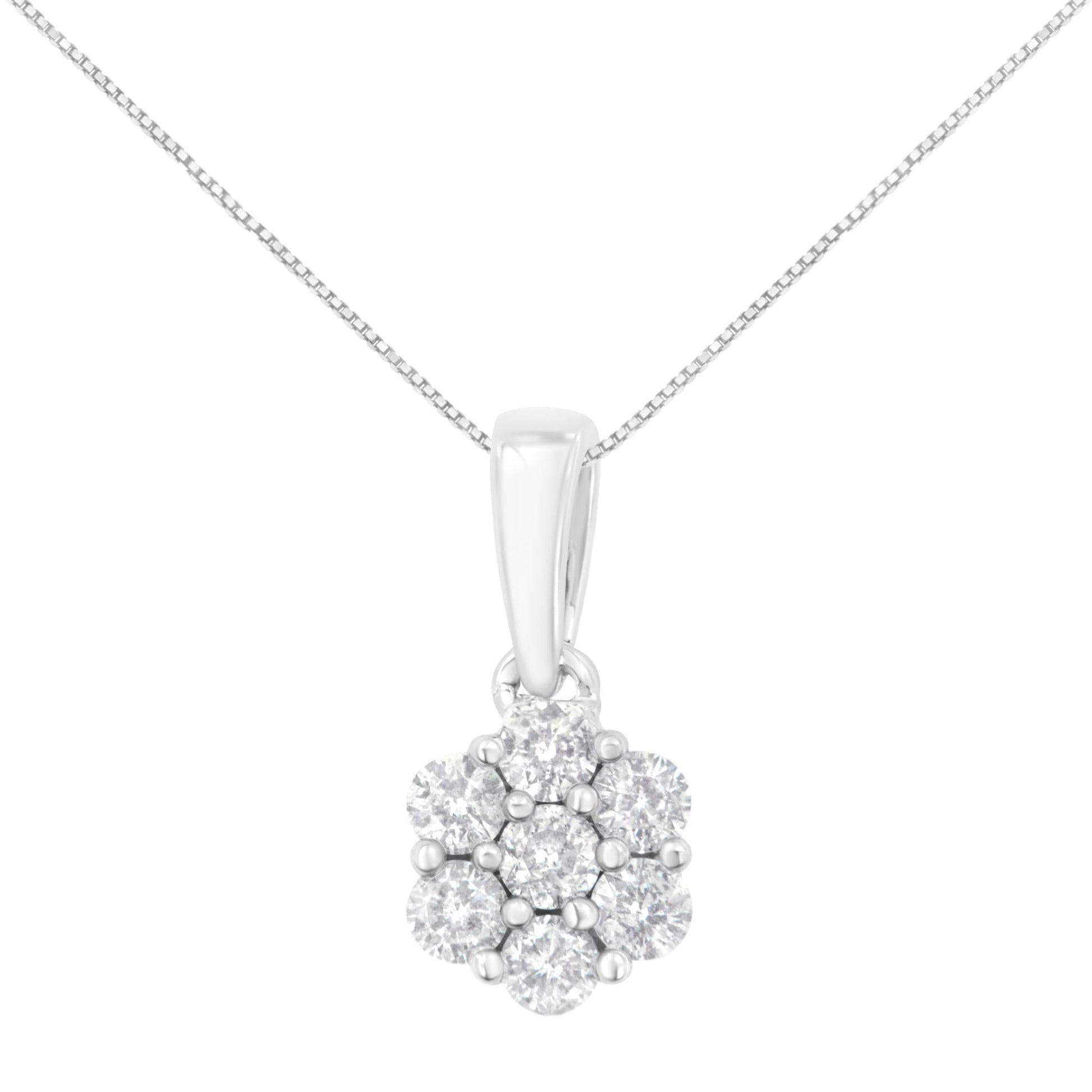 14K White Gold 1/2 cttw Prong Set Round-Cut Diamond 7 Stone Floral Cluster 18" Pendant Necklace (H-I Color, I1-I2 Clarity)-0