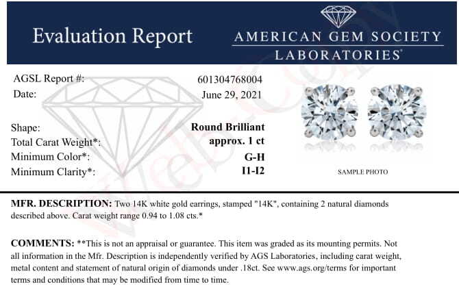AGS Certified 14K White Gold 1.0 cttw 4-Prong Set Brilliant Round-Cut Solitaire Diamond Push Back Stud Earrings (G-H Color, I1-I2 Clarity)-4