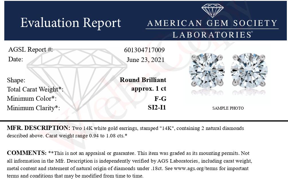 AGS Certified 14K White Gold 1.0 Cttw 4-Prong Set Brilliant Round-Cut Solitaire Diamond Push Back Stud Earrings (F-G Color, SI2-I1 Clarity)-4