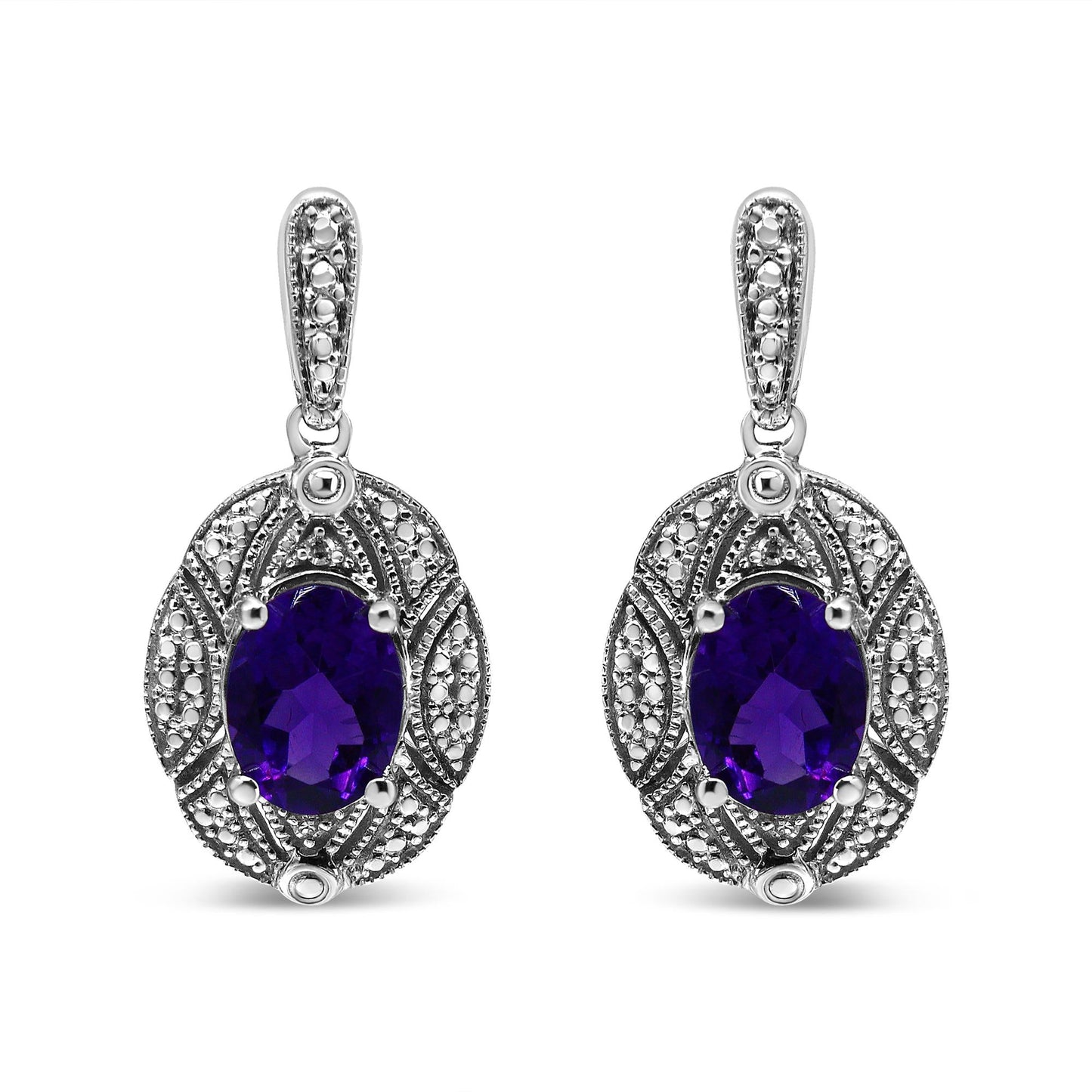.925 Sterling Silver Diamond Accent and 8x6mm Purple Oval Amethyst Stud Earrings (I-J Color, I1-I2 Clarity)-0