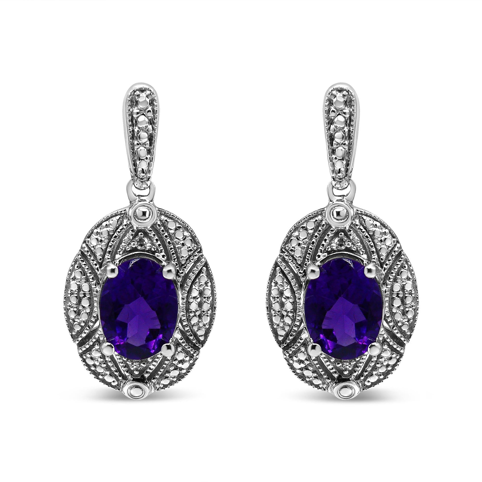 .925 Sterling Silver Diamond Accent and 8x6mm Purple Oval Amethyst Stud Earrings (I-J Color, I1-I2 Clarity)-0