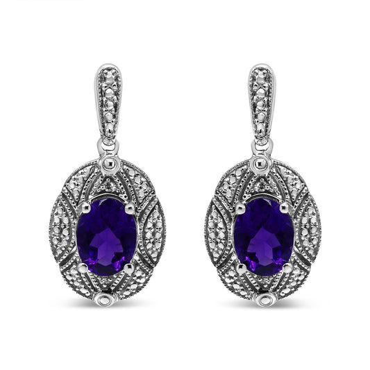 .925 Sterling Silver Diamond Accent and 8x6mm Purple Oval Amethyst Stud Earrings (I-J Color, I1-I2 Clarity)-0