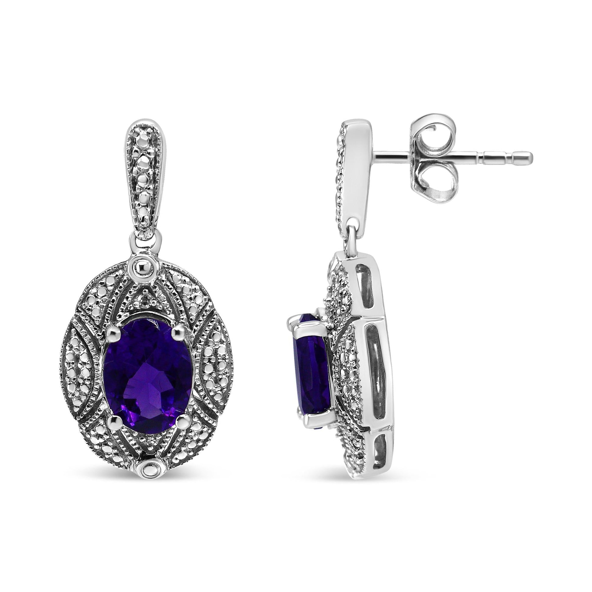 .925 Sterling Silver Diamond Accent and 8x6mm Purple Oval Amethyst Stud Earrings (I-J Color, I1-I2 Clarity)-3