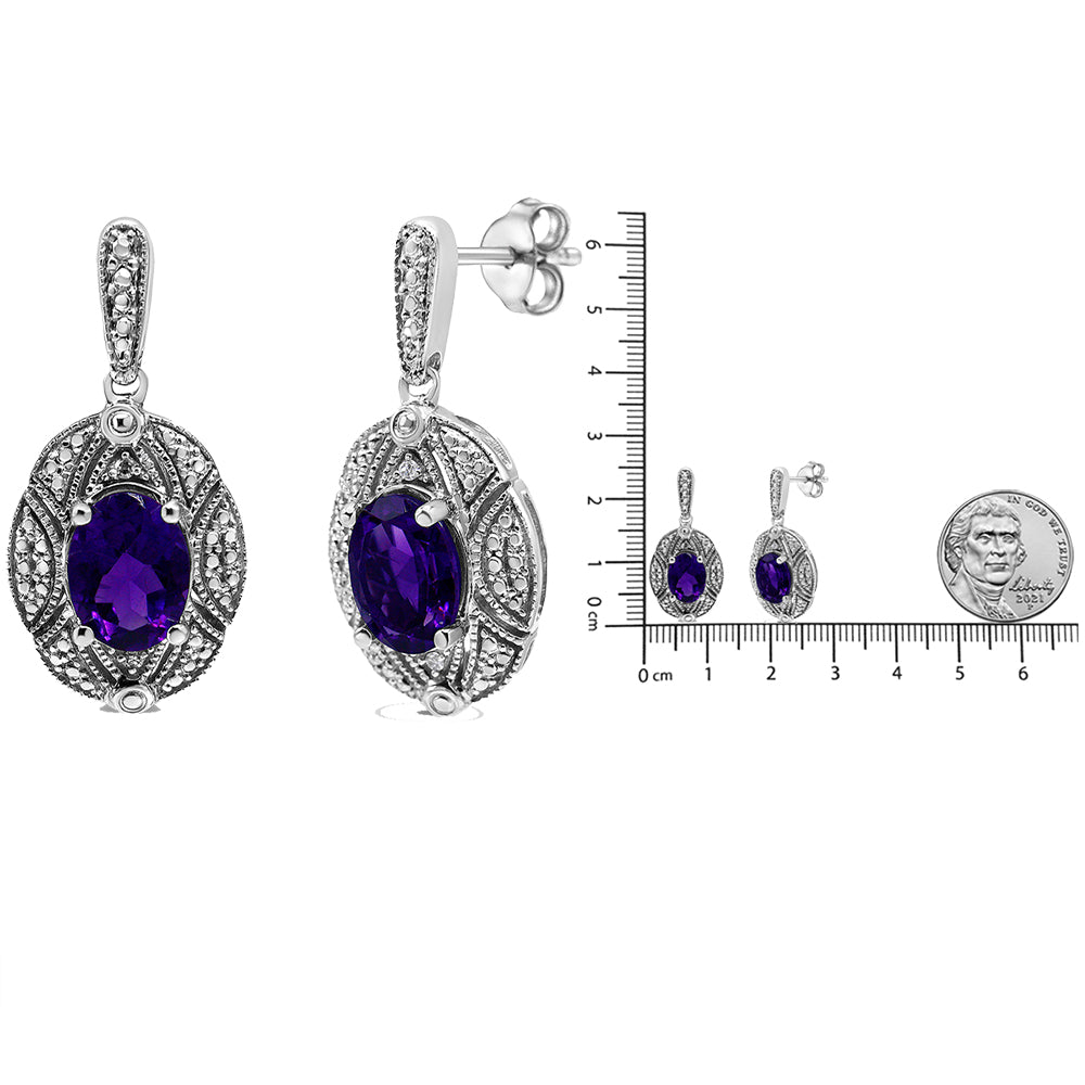 .925 Sterling Silver Diamond Accent and 8x6mm Purple Oval Amethyst Stud Earrings (I-J Color, I1-I2 Clarity)-4