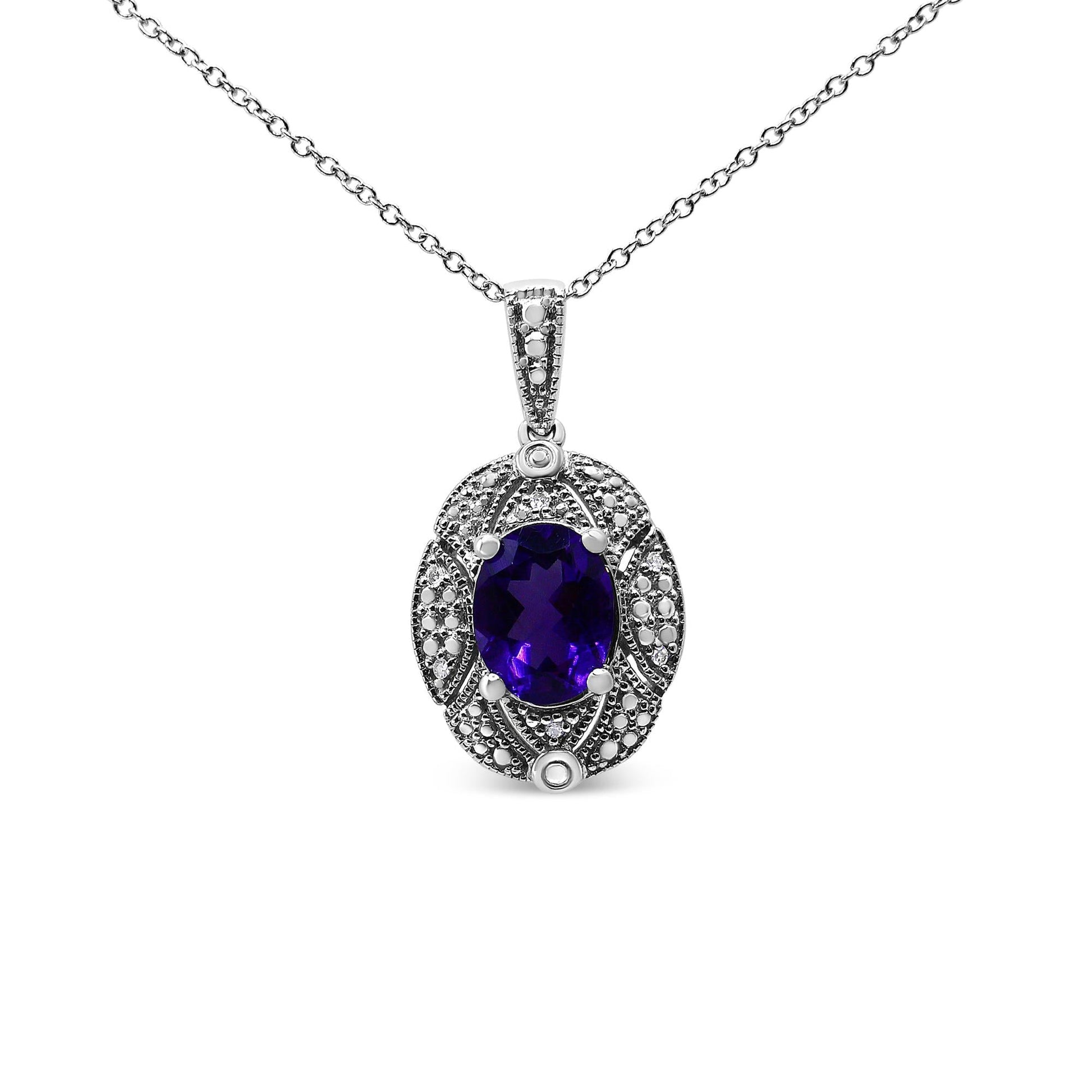 .925 Sterling Silver Diamond Accent and 9x7mm Purple Oval Amethyst Gemstone Pendant 18" Necklace (I-J Color, I1-I2 Clarity)-3