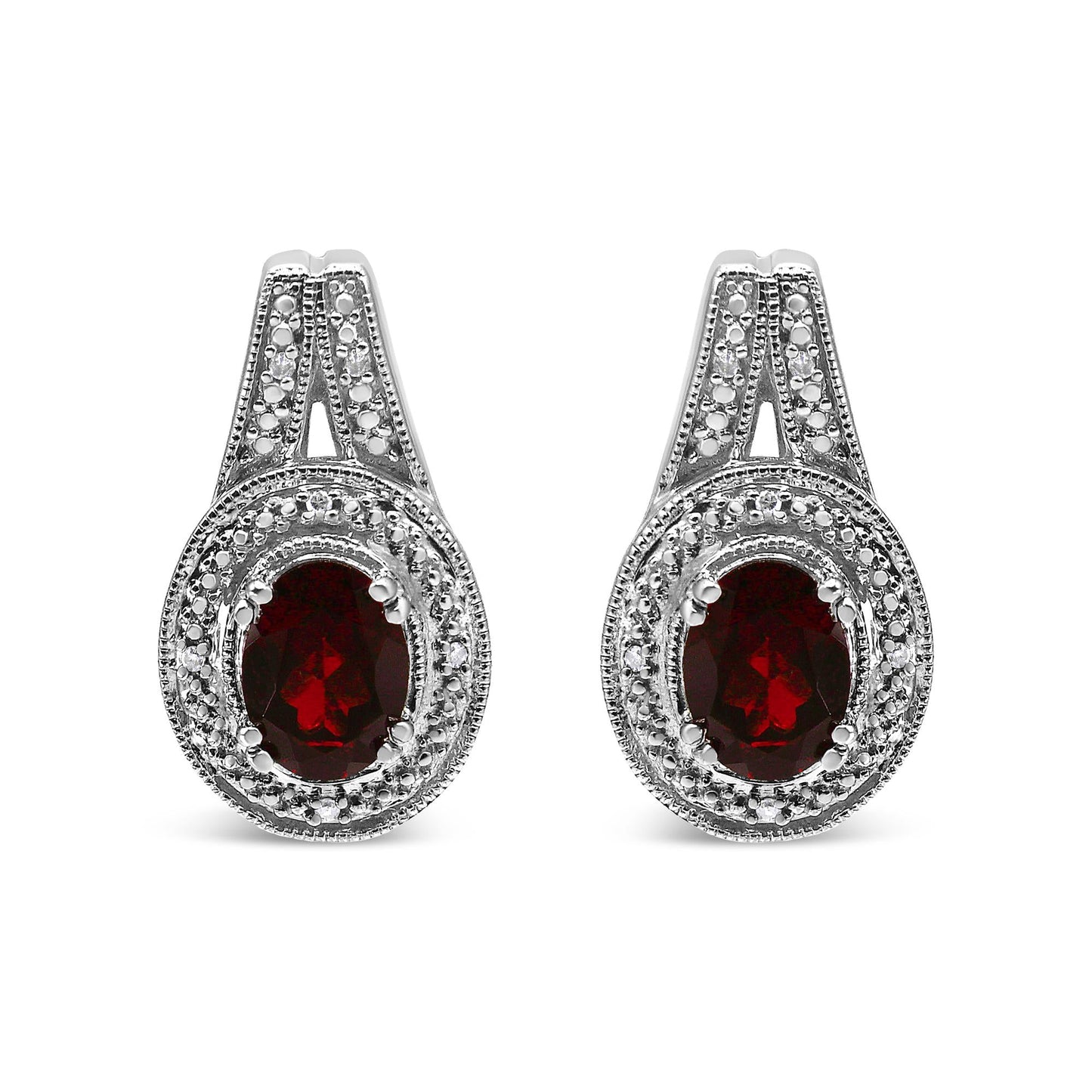 .925 Sterling Silver Diamond Accent and 8x6mm Red Oval Garnet Stud Earrings (I-J Color, I1-I2 Clarity)-0