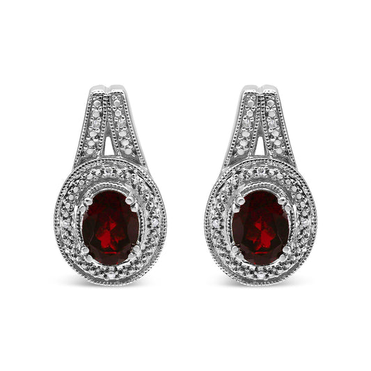 .925 Sterling Silver Diamond Accent and 8x6mm Red Oval Garnet Stud Earrings (I-J Color, I1-I2 Clarity)-0