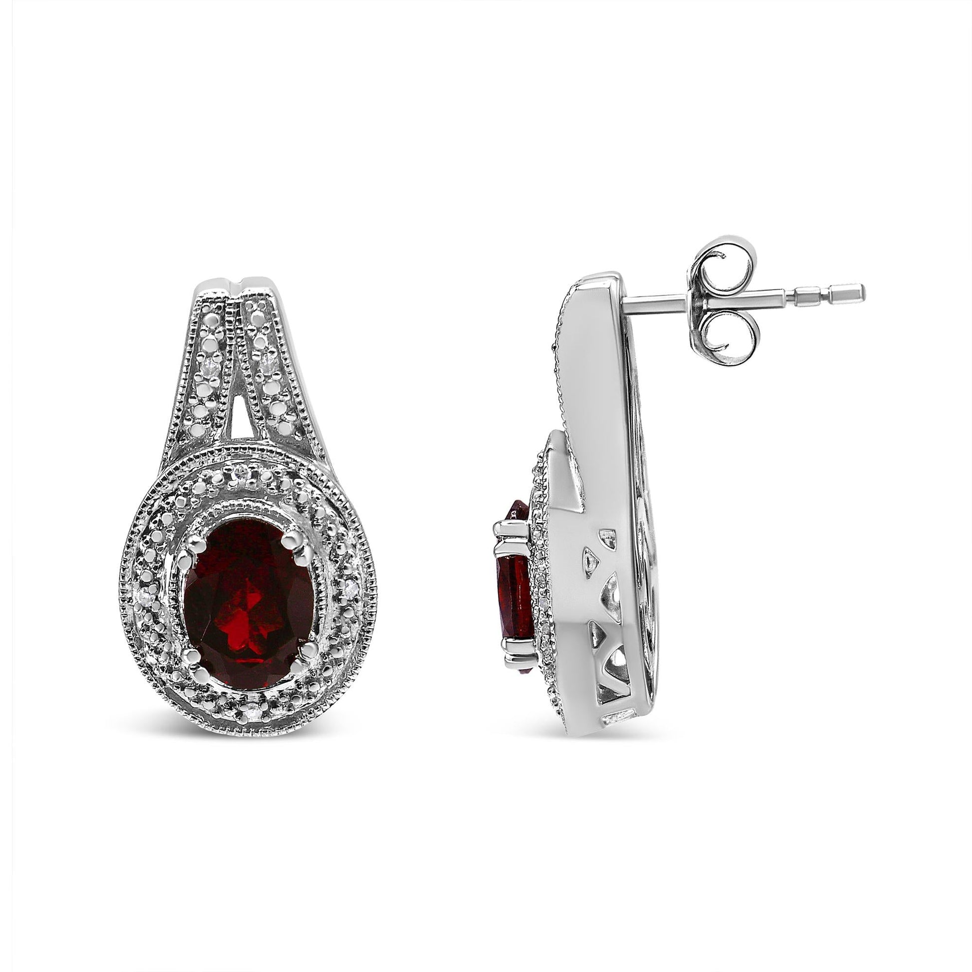 .925 Sterling Silver Diamond Accent and 8x6mm Red Oval Garnet Stud Earrings (I-J Color, I1-I2 Clarity)-3