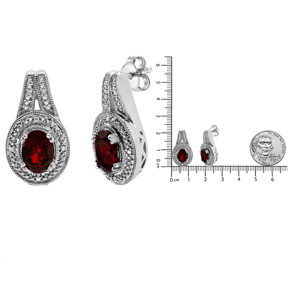 .925 Sterling Silver Diamond Accent and 8x6mm Red Oval Garnet Stud Earrings (I-J Color, I1-I2 Clarity)-4
