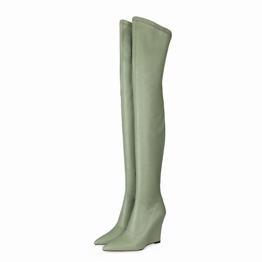 Elegant Woman Thigh High Botas Outdoor Wedges Leather Slip-on Ladies Shoes Thick Bottom Over-knee Boots Big Size 33-43