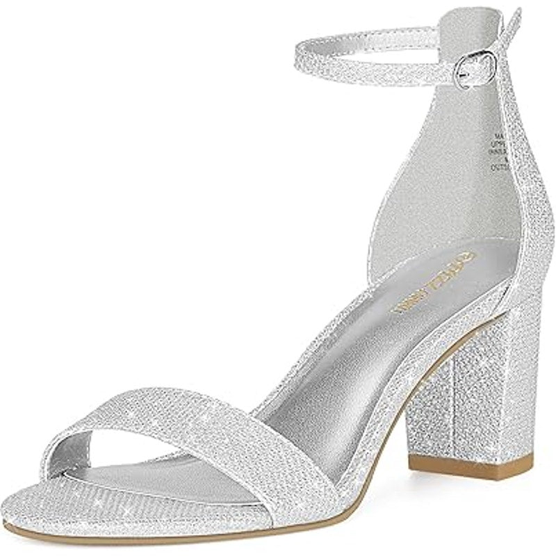 Pizz Annu Womens Size 7 Silver Glitter 2.5" Heel Open Toe Ankle Strap Shoes