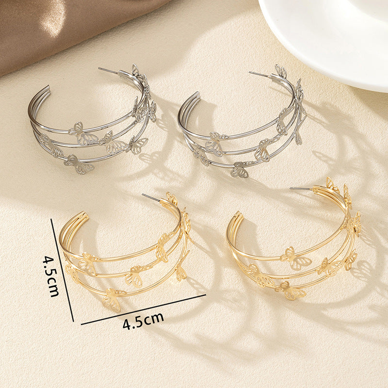 Fashion Sweet Double Layer Butterfly Stud Earrings & Hoop Earrings, Hollow Out Unique Design Women Earrings, High-End Temperament Stud Ear Jewelry