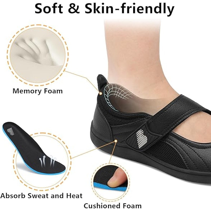 Barerun Womens Size 7.5 Black Faux Leather Mary Jane Flat Wide Toe Box Shoes
