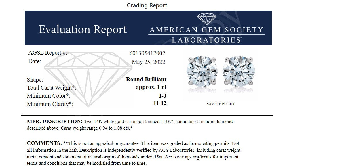 AGS Certified 14K White Gold 1.0 Cttw 4-Prong Set Brilliant Round-Cut Solitaire Diamond Push Back Stud Earrings (I-J Color, I1-I2 Clarity)-4