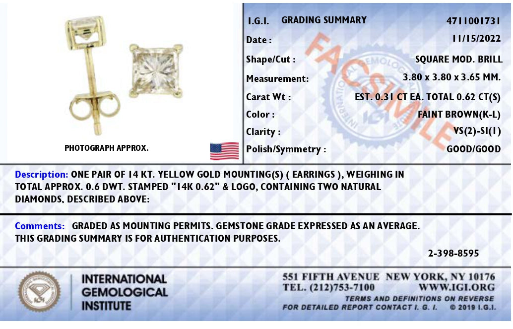 14K Yellow Gold 5/8 Cttw Princess Natural Brown Color Diamond 4-Prong Stud Earrings (Brown Color, VS2-SI1 Clarity)-4