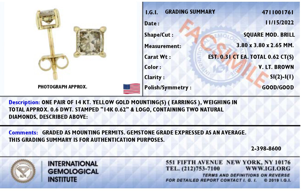 14K Yellow Gold 5/8 Cttw Princess Natural Brown Color Diamond 4-Prong Stud Earrings (Brown Color, SI2-I1 Clarity)-4