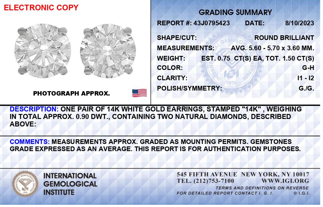 IGI Certified 14K White Gold 1 1/2 Cttw Round Diamond Solitaire Stud Earrings with Screwbacks (G-H Color, I1-I2 Clarity)-4
