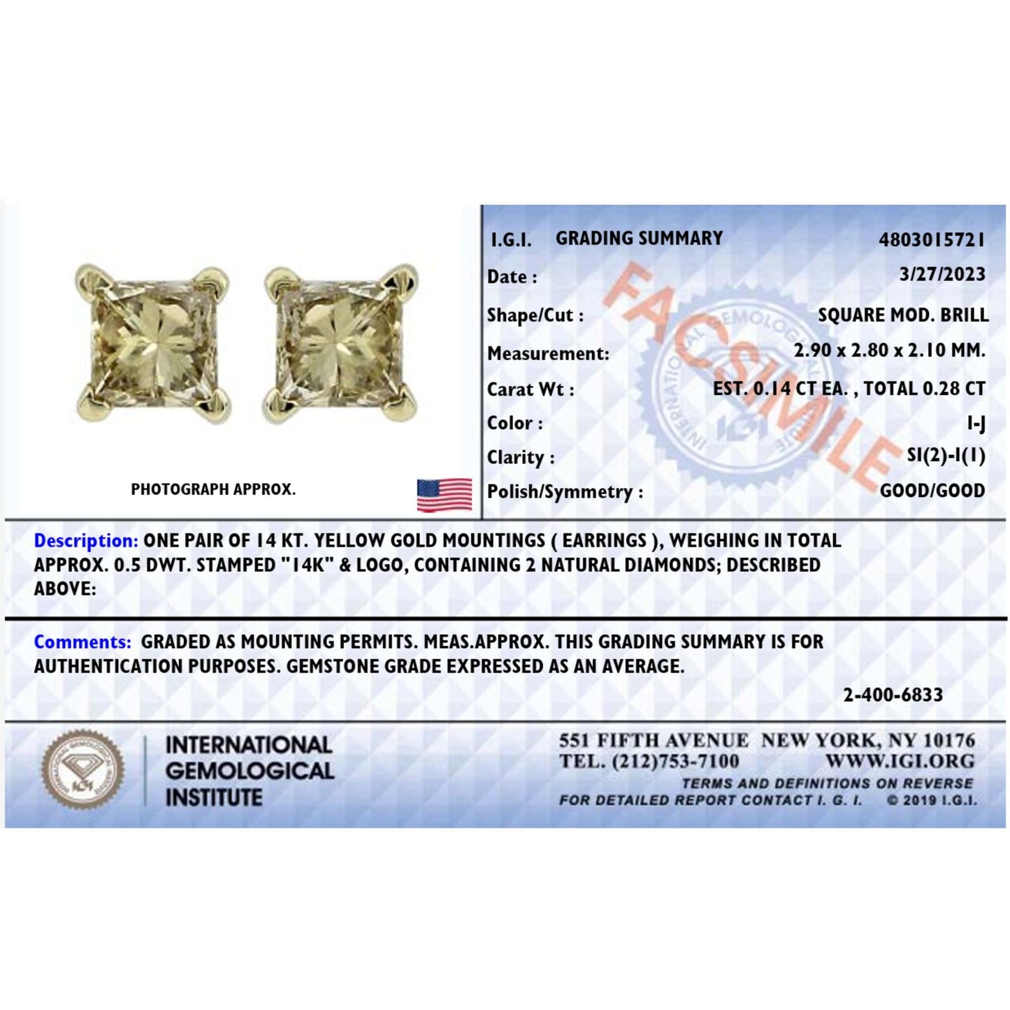 IGI Certified 14K Yellow Gold 1/4 Cttw Princess-Cut Diamond Solitaire Stud Earrings-4