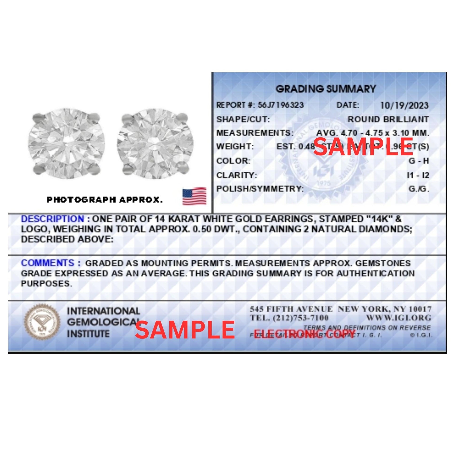 IGI Certified 14K White Gold 1.0 cttw 4-Prong Set Brilliant Round-Cut Solitaire Diamond Push Back Stud Earrings (G-H Color, I1-I2 Clarity)-4
