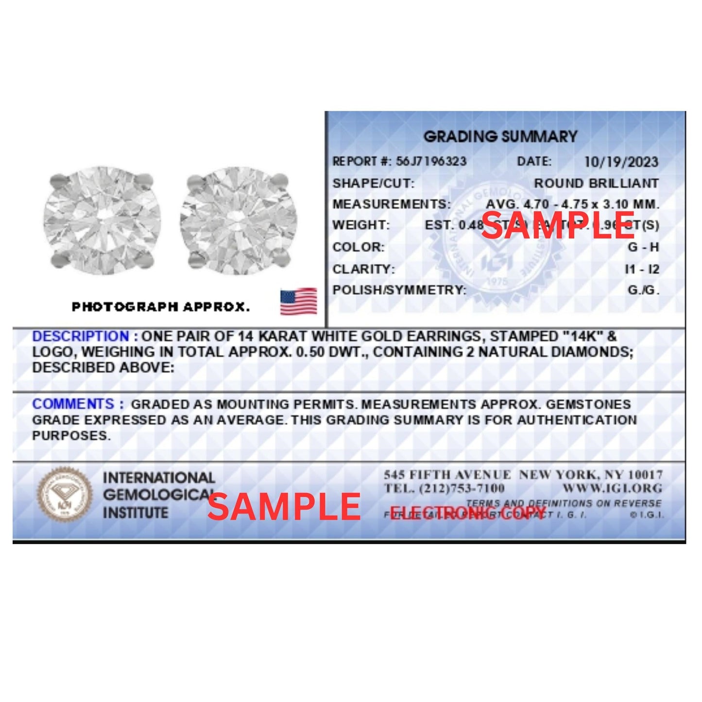 IGI Certified 14K White Gold 1.0 cttw 4-Prong Set Brilliant Round-Cut Solitaire Diamond Push Back Stud Earrings (G-H Color, I1-I2 Clarity)-4