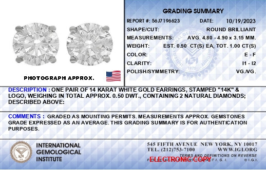 AGS Certified 14K White Gold 1.0 Cttw 4-Prong Set Brilliant Round-Cut Solitaire Diamond Push Back Stud Earrings (E-F Color, I1-I2 Clarity)-4