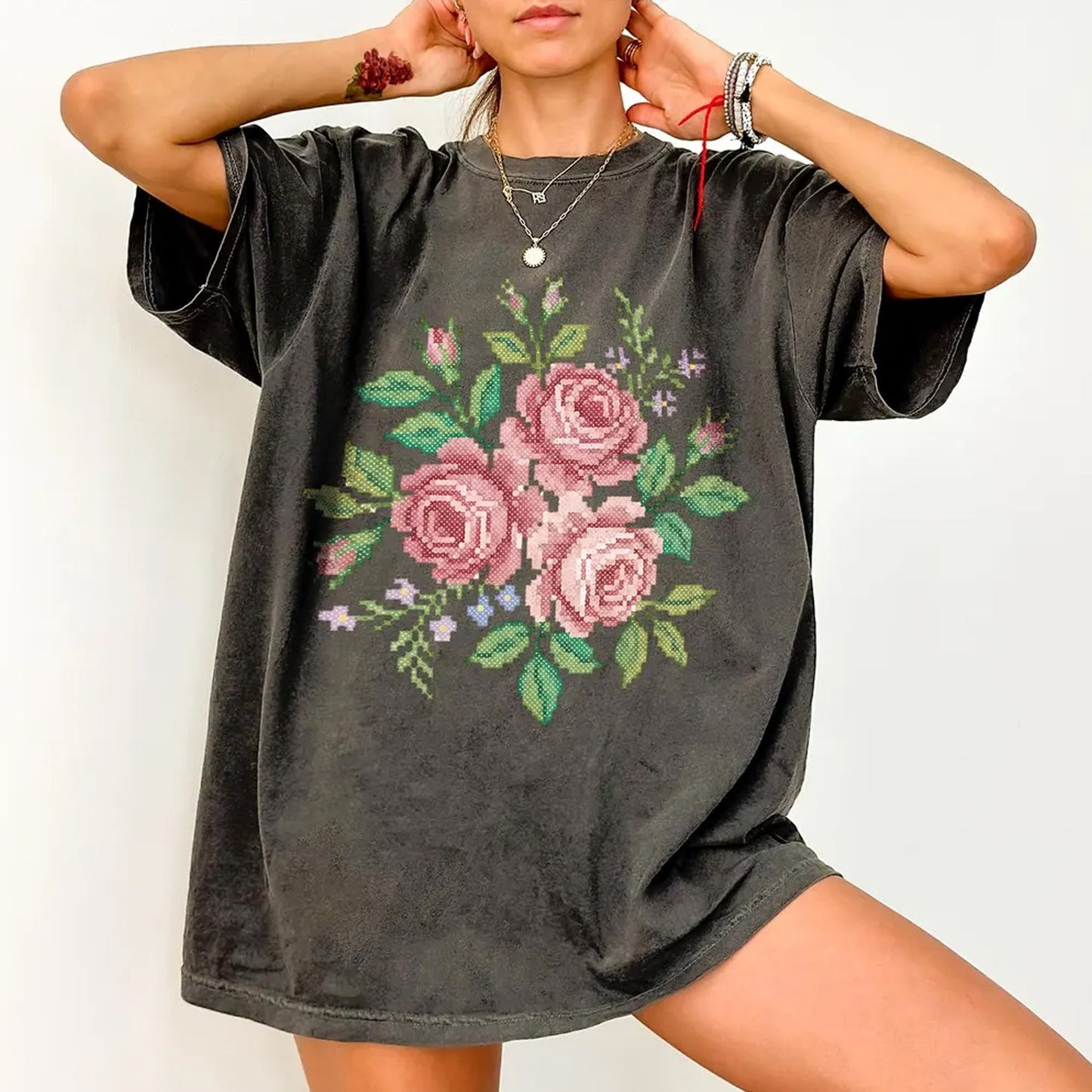 Cross Stitch Roses Graphic Tee