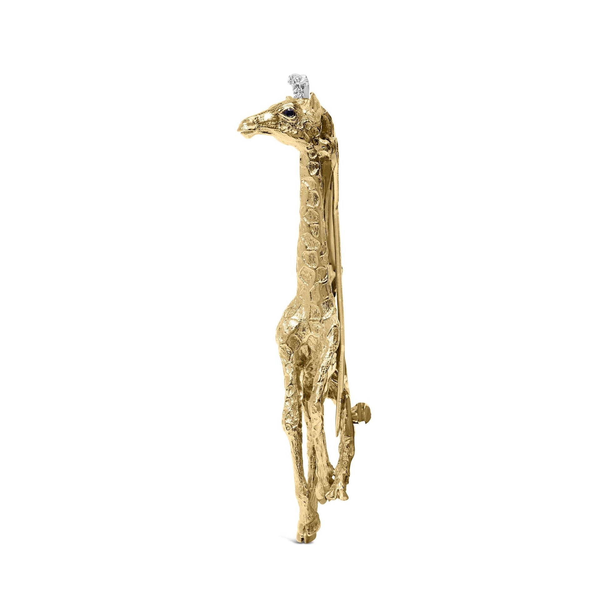 18K Yellow Gold Diamond Accent and Blue Sapphire Giraffe Pin Brooch (G-H Color, VS2-SI1 Clarity)-2
