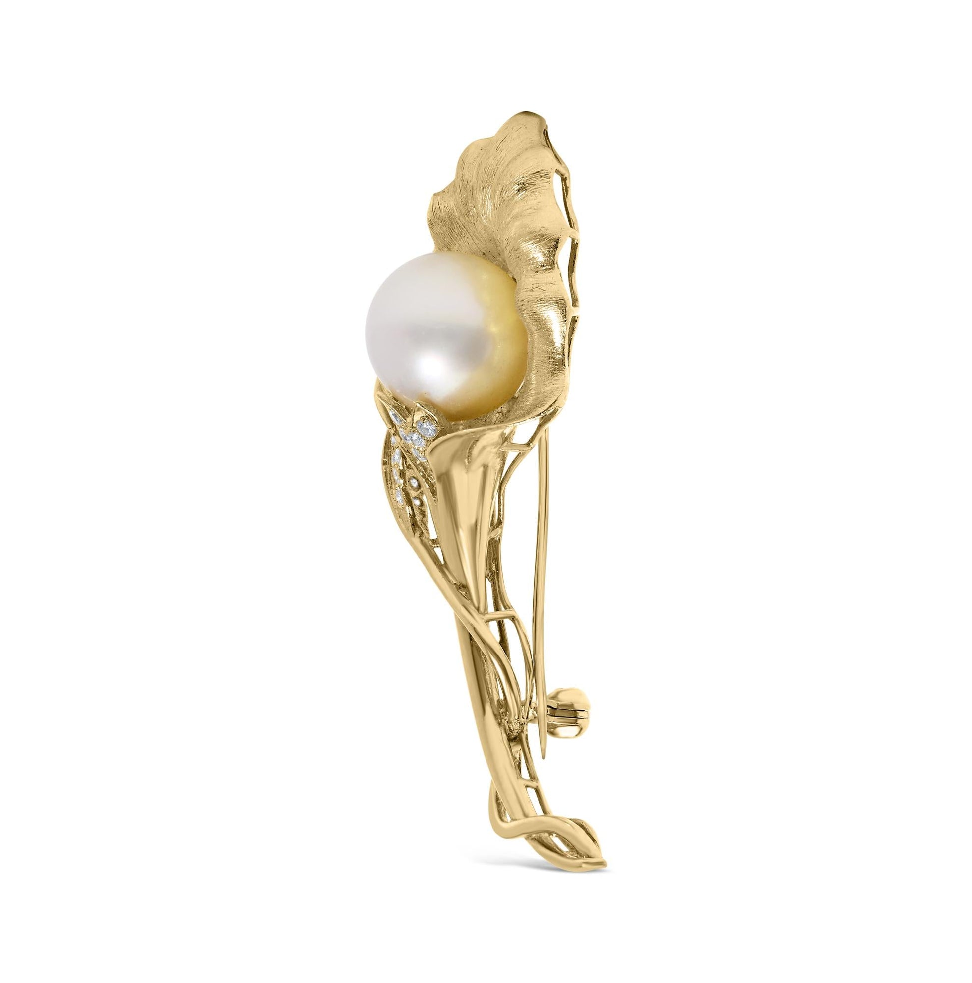 18K Yellow Gold 2/5 Cttw Diamond and 12MM Cultured South Sea Pearl Flower Pin Brooch (G-H Color, VS1-VS2 Clarity)-1